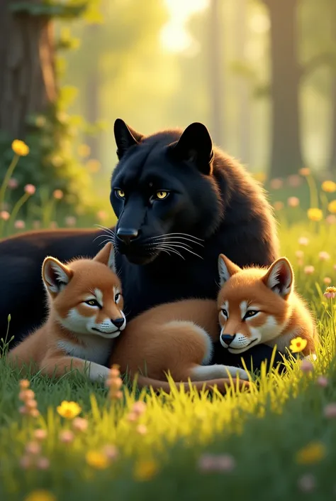 Two brown-colored wolf babies sunbathing in a meadow lying next to a black panther,  Make it realistic