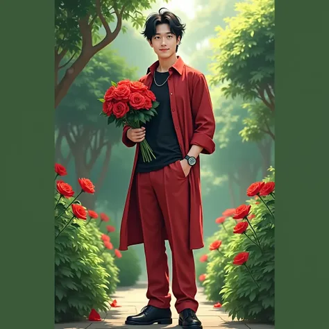 man, young, Japanese, long open red shirt, black t-shirt, black watch, black hair, red trousers, garden background, formal shoes, standing, carrying red roses.