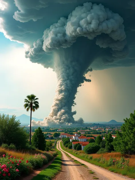 A powerful tornado cutting a path through a rural area. The scenic landscape of Lebanon, with its vast farmlands, olive groves, and pine forests, is in its background. Dark storm clouds are looming over the horizon, spiraling towards the ground to form the...