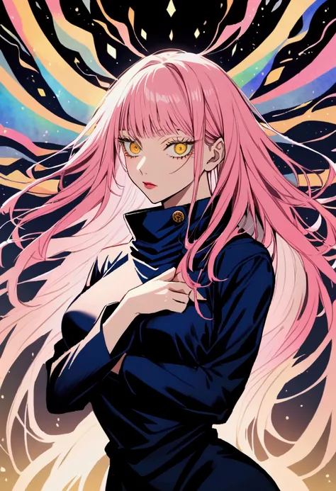  Beautiful Girl,  Jujutsu Kaisen , pretty long pink hair with yellow locks of hair,  golden eyes 