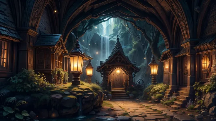 (best quality, 4k, 8k, highres, masterpiece:1.2), ultra-detailed, realistic:1.37, a hidden city of gnomes, underground environment, mystical ambiance, ancient architecture, vibrant colors, magical lighting, intricate details, whimsical atmosphere, bustling...