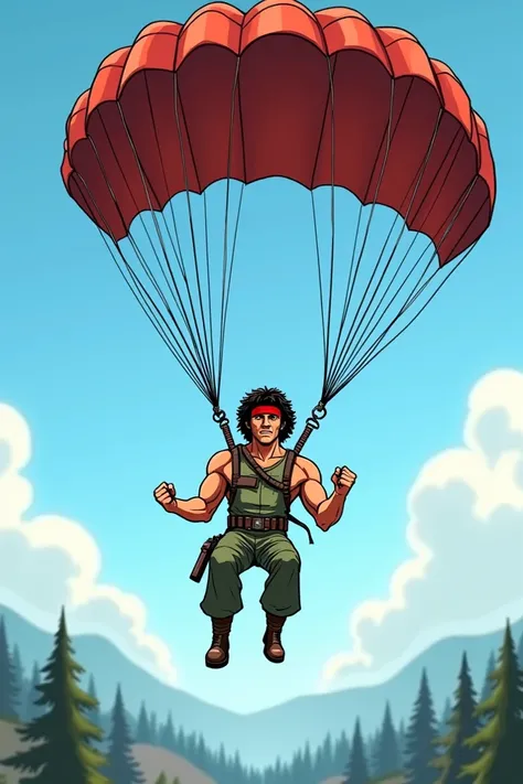 Rambo cartoon sautant en parachute ( on doit bien voir le parachute ) 
