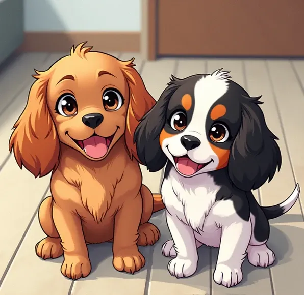 Two English Cocker Spaniel female dogs, one in color red(Liver) And a Liver and Tan puppy.they are happy smiling and centered in the middle of the image facing the viewer. anime style  
