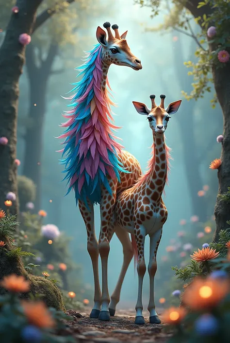 Maman girafe à plumes avec son petit. Décor féerique. Résolution maximum.