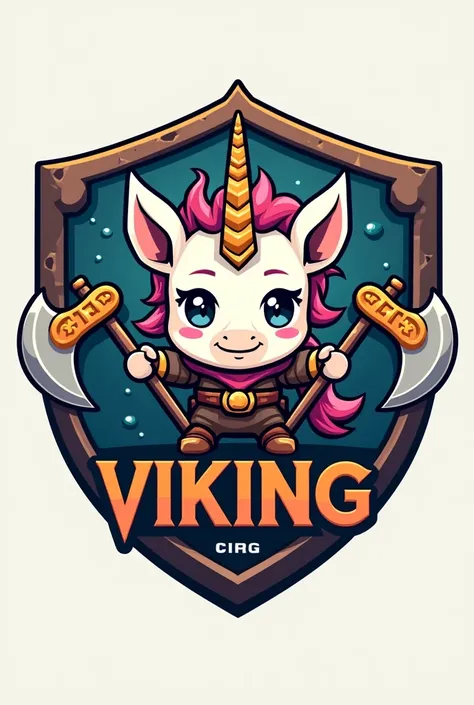 Please create me an logo to represent a team called Viking  with 2 axes and that warrior has a unicorn head chibi