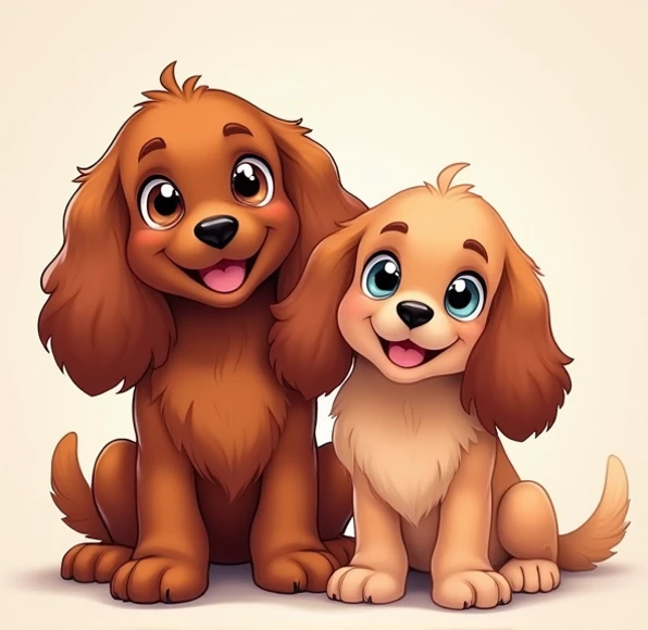 Two English Cocker Spaniel female dogs, one in color red(Liver) And a Liver and Tan puppy.they are happy smiling and centered in the middle of the image facing the viewer. anime style  
