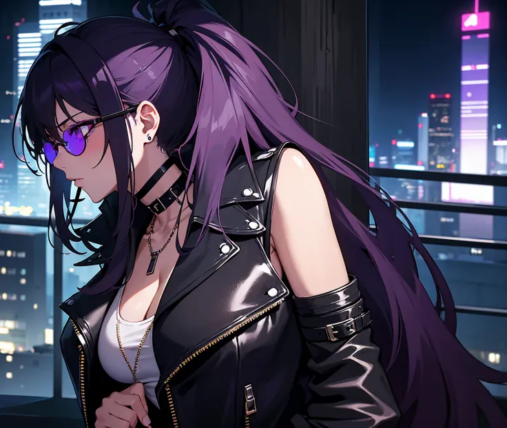 90s dark anime punk girl with aviators and long dark hair. A urban city in the background illuminates her. She wears a leather jacket over a green tank top and a choker necklace. She leans against a pillar with a cigarette in her mouth. There is an overall...