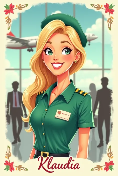 A greeting card with a blonde airport employee in a green uniform with the signature “good morning Klaudia”