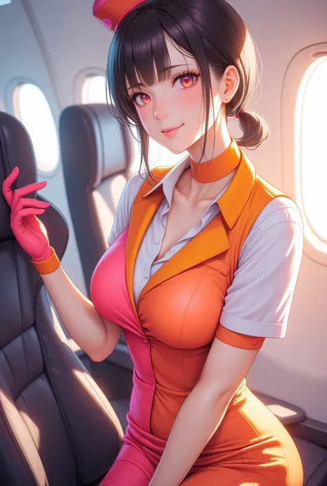 masterpiece,best quality,ultra detailed,8K,super fine illustration,highly detailed beautiful face and eyes,perfect anatomy,professional lighting,1 flight attendant,(solo:1.3), microskirt and boots uniform,orange and pink dress,smile,airplane interior,dynam...