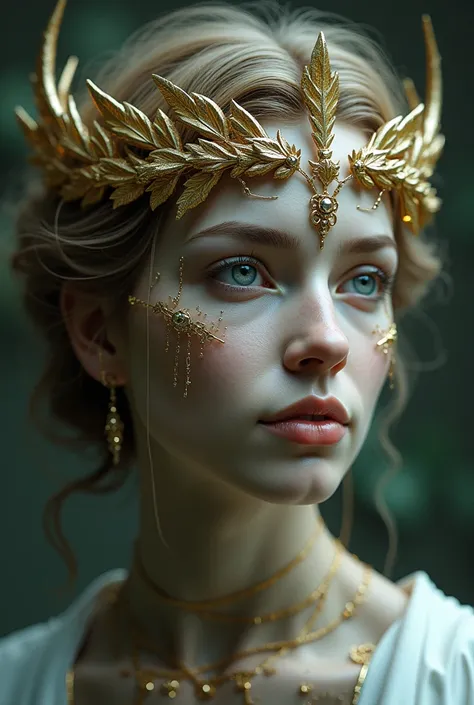 The goddess, Fortuna wearing laurel crown, head to breast, silicone cybernetics. High Resolution, Masterpiece, Award Winning, Best Quality, High Details, High Quality, UHD, Optical Illusion, Impressionism, Art Deco, Cinematic, Cinematography, Futurism, Hyp...