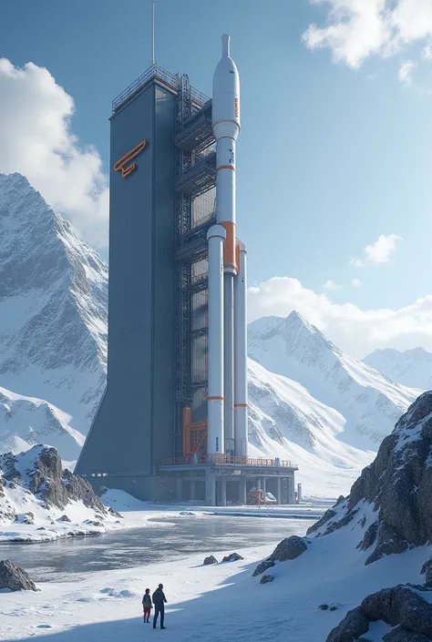 Make a VAB centered in the snowy mountain with three-stage rocket ready to lauch, on the VAB has orange key logo