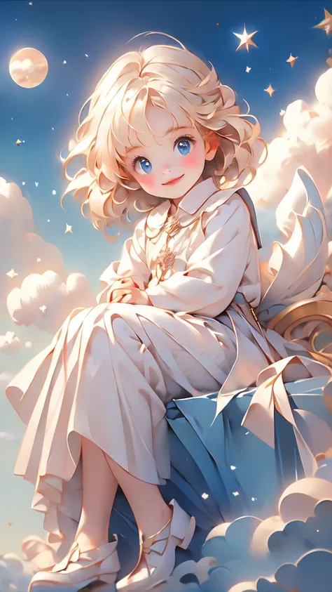 Angel Blessing、Blonde、 blue eyes、smile、front、 sitting、 Kindness 、Celestial、Above the Clouds、Baby angel