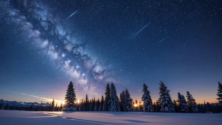  best image quality,  Christmas, Scenery looking up at the night sky, Shining Star々, Falling snow, Holy Night,  shooting stars, 