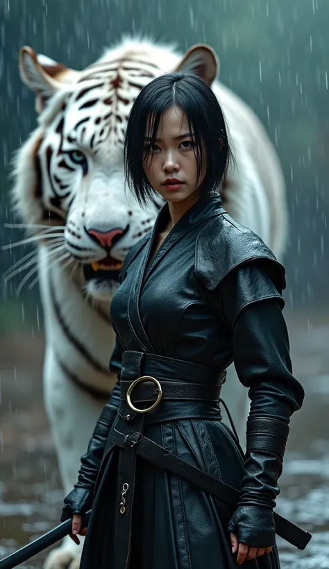 Create A Beautiful Short-Cut Young Korean Woman Warrior Standing In Fighting Pose, Wearing Black Leather Warrior Suite, Heavy Rain, Wet Hairs, Blue Eyes, Unreal White Skin, Holding Sword In Fighting Mode, Short-Cut Straight Hairs, Unreal Beauty Korean Face...