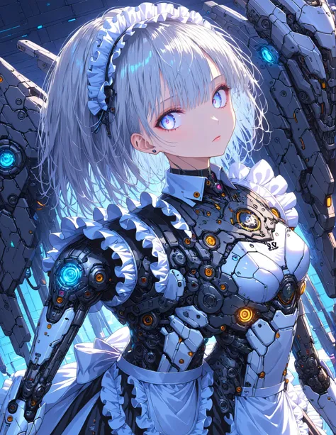 Masterpiece,Top quality,High resolution,Super definition illustration,detailed background,detailed skin,detailed face,detailed eye,sci-fi,cyberpunk,1-girl,cyborg,(skinny:1.2),small chest,(expressionless:1.2),(maid :1.6),(maid apron:1.4), silver hair, white...