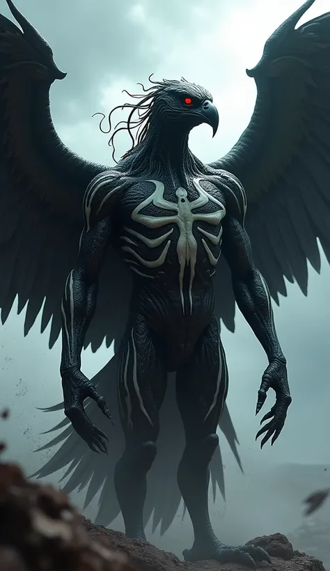 A monstrous hybrid of Venom and an eagle, with glossy black feathers streaked with white veins, talons morphing into tendrils, and glowing red eyes. Its massive wings are part feather, part symbiote, extending into the stormy skyline. Venom ki body aur eag...