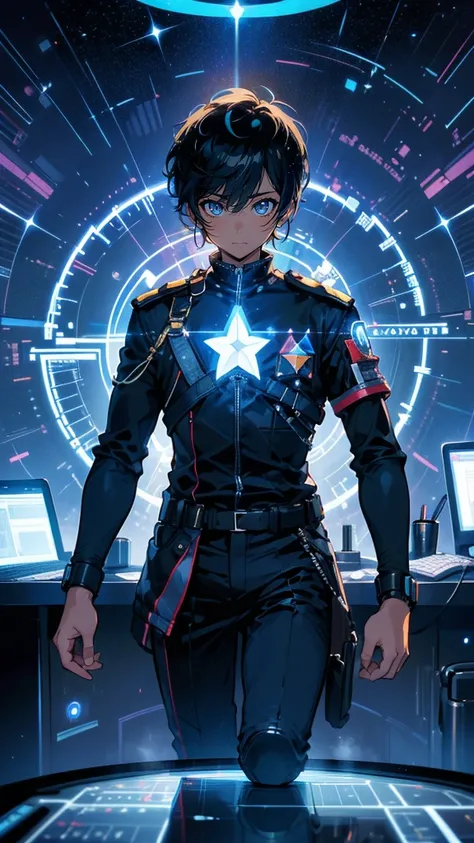 A young male space navigator in his early 20s with short black hair, clean-cut features, and a calm, calculating expression. He wears a streamlined, dark navy-blue uniform with a glowing data visor on his head, controlling the navigation systems of a space...