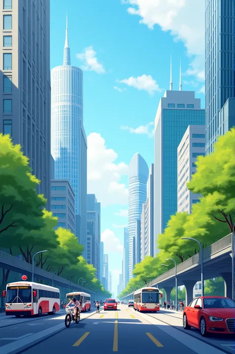 Background webtoon , a modern city with car bus , trees , 