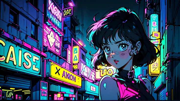 (best quality, sketch:1.2), realistic, illustrator, anime, 1 girl, detailed lips, black dress8, custom, (background night cityscape with multiple neon colors, dark monochrome with vibrant neon lights), neon hair, textured cropping, masterpiece, style retro...