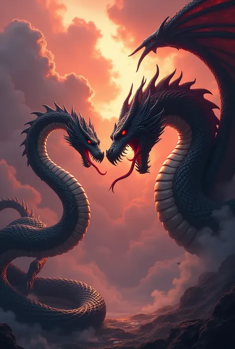 Create an image where a snake and a dragon are placed together, both in an angry mode and facing each other. The background should reflect their intense expressions, using dark, swirling clouds and vivid colors to enhance the tension in the scene."