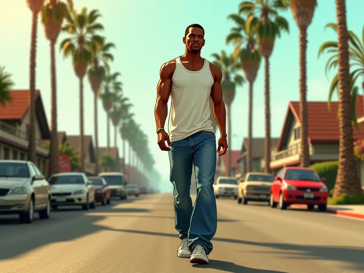 Create a highly detailed and realistic image of CJ from GTA San Andreas walking confidently on Grove Street, his iconic neighborhood. CJ should be wearing his classic white tank top, blue jeans, and white sneakers, showcasing his signature look. The backgr...