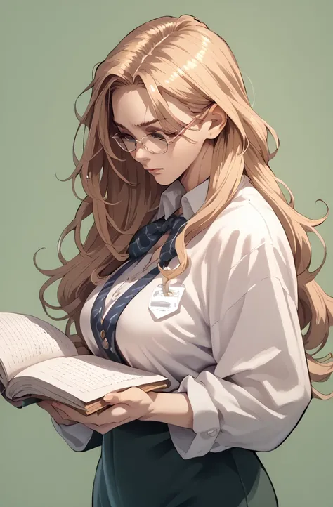 High Resolution, Solo, Long Hair, big boobs, class teacher, green background