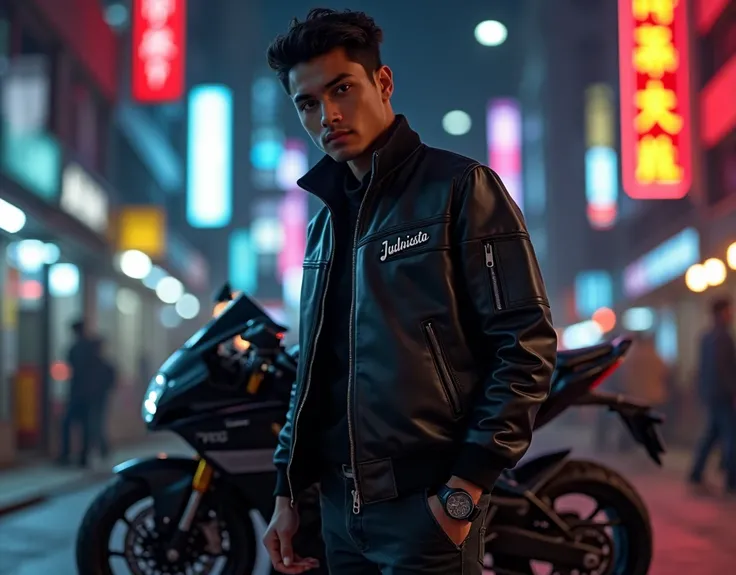 a handsome 20 year old native indonesian man standing in the background of hong kong there is a black ninja motorcycle in the background at night wearing a black hide jacket shirt with the name judhiesta wearing black jeans wearing nike shoes