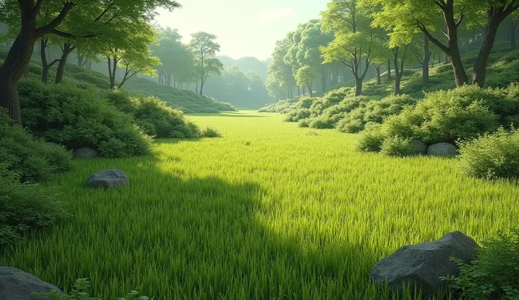 wild background with short grass floor realistic and add some bushers