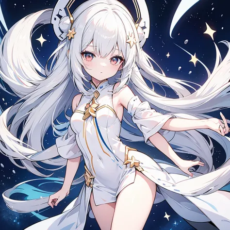 anime girl with long white hair and a star in her hair, White-haired goddess,  anime girl with space hair , star(null) starry_null,   flat anime style shading  ,  splash art anime Lori ,  white shining aura , White Hair Girl, Ethereal Anime, akasuki voidst...