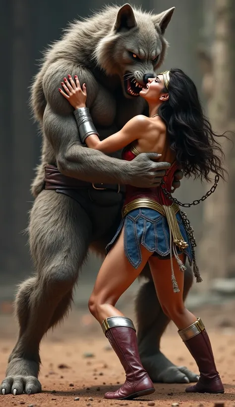 Gal Gadot is Wonder woman, Wonder woman is captured by a huge body fierce Steppenwolf and standing on the dirt, ((leather fabric skirt:1.8)), dirty body, bright white skin, brown hair, ((her arms are bounded by chain behind her back)), ((bound arms behind ...