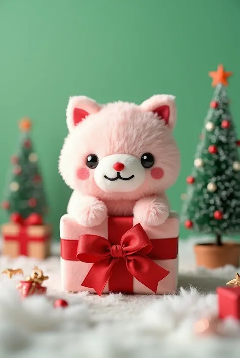 jellycat风格的Gift Box形状毛绒玩具，Christmas elements，There is a smiley face on it ，lively，cute，Christmas theme， clean background， solid background ，Christmas green background ，珊瑚绒质感 ，fleece texture ，hairy，  light contrast color scheme， fluffy and soft texture ，Smo...