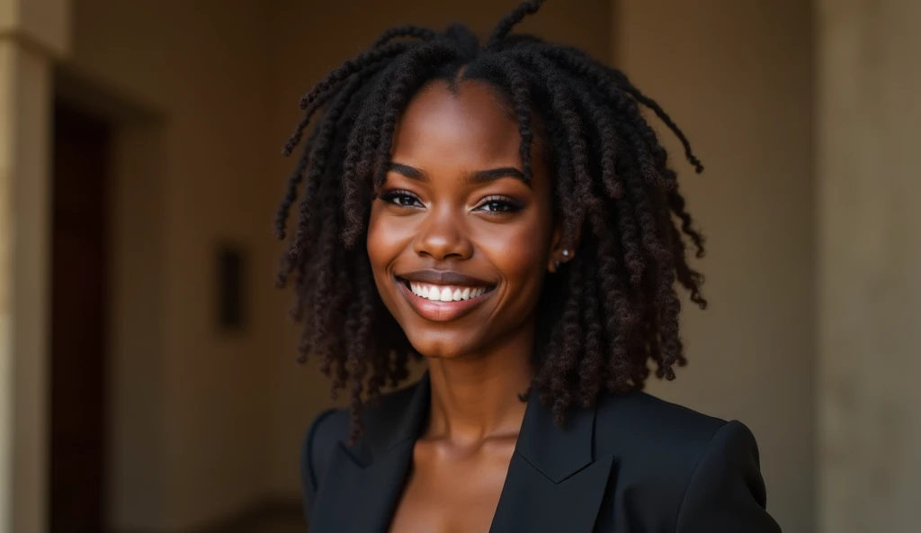 Beautiful young African American smiling all alone,  detailed face ,  dreadlocks,  Rich, Dark, Radiant Skin ,  Perfect and Sophisticated Blazer , Strong Hall 々And,  Dignified Beings ,  hyperrealistic , 8k,   Masterpiece ,  Exactly the same as the reference...