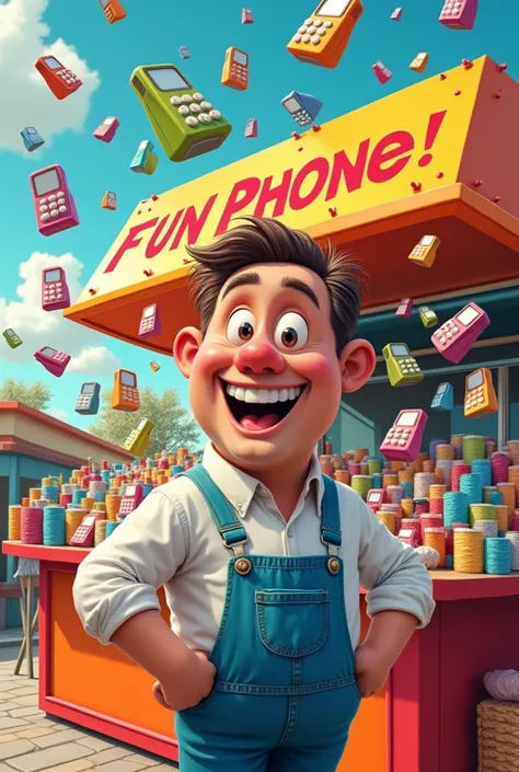 Imagine a funny caricature of a man selling phones. He stood next to a stall full of brightly colored phones, with a smile as bright as sunshine. Phones floated around, like birds dancing in the air. The colorful art style, with humorous details like big e...