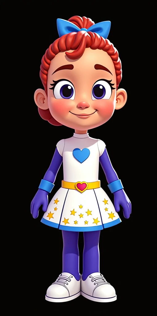 Yarel, pj masks OCs, pj masks 2d Animation, normal skin, Red ponytail hair, blue Headbow, white suit with blue heart symbol, Yellow belt, white skirt with star spots sprinkles, white shoes with star laces,