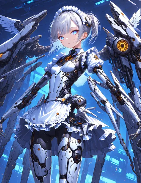 Masterpiece,Top quality,High resolution,Super definition illustration,detailed background,detailed skin,detailed face,detailed eye,sci-fi,cyberpunk,1-girl,cyborg,(skinny:1.2),small chest,(expressionless:1.2),(maid :1.6),(Maid Apron:1.4), Silver hair, White...