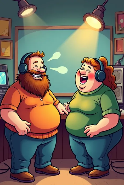 Two chubby radio announcers man and woman he with a beard laughing in a comic