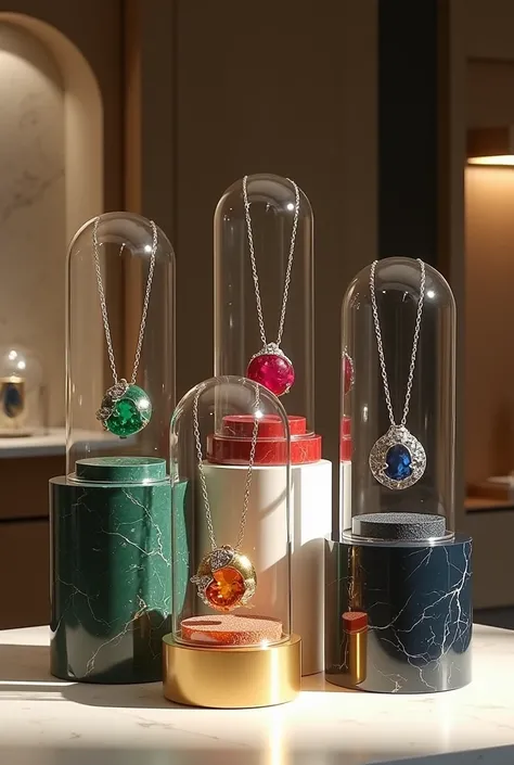 Design of a jewelry store in modern and kinemal style and  necklace emerald jewelry on a cylindrical shaped stone of green marble around which is a protective glass and the sale part of the  necklace ruby jewelry is on a cylindrical red marble in the shape...