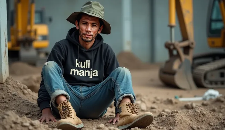 A human interest photography,An Indonesian man, young and handsome,Construction workers,Looks dirty and shabby,Wearing blue Levis 501 pants, Wearing a black hoodie with the words "Kuli Manja",Brown army laced boots , Army green mountain hat  , Enjoying lun...