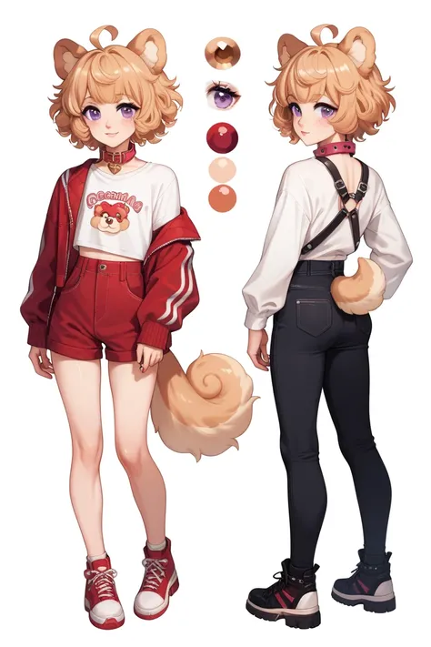 femboy, pomeranian dogboy, pomeranian dog ears, short curly hair, strawberry blond hair, purple eyes, dog collar, beauty marks, moles, freckles, masterpiece, best quality, character sheet, pomeranian tail, full body, fully clothed, male clothes, punk sci f...