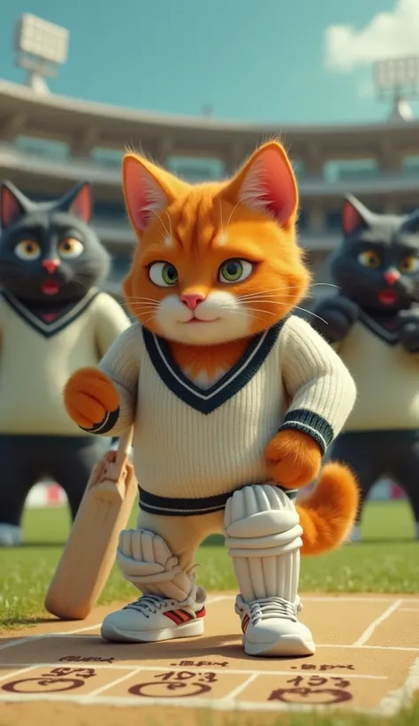 In cinematic style ,HD image ,colourful image ,realistic image,
Character, a muscular Johnny big Orange cat He is wearing a white sweater. That sweater has a black border on the neck and below it and he is wearing white pants and white sports shoes.Three s...