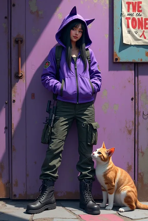 A detailed and colorful low angle digital shot shows a beautiful young asian woman , long straight black hair in a futuristic streetwear outfit, sitting with her loyal companion white cat. The person is wearing a purple jacket with a hood that resembles fo...