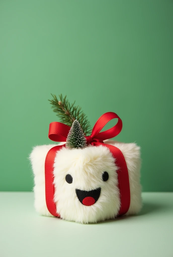 jellycat风格的Gift Box形状毛绒玩具，Christmas elements，There is a smiley face on it ，lively，cute，Christmas theme， clean background， solid background ，Christmas green background ，珊瑚绒质感 ，fleece texture ，hairy，  light contrast color scheme， fluffy and soft texture ，Smo...