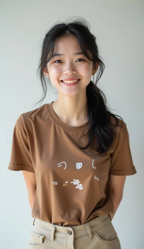 Headshot of a Japanese woman wearing a brown t-shirt with a cute pattern and chinos standing facing the front and stretching her chest with her hands behind her back