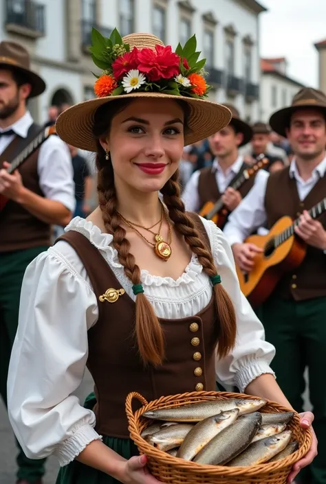 A Minho woman dressed in the typical Minho costumes with several pieces of cod in a basket and with the heart of Viana in gold around her neck and a group of men in the back also dressed in typical Minho costumes playing the concertina