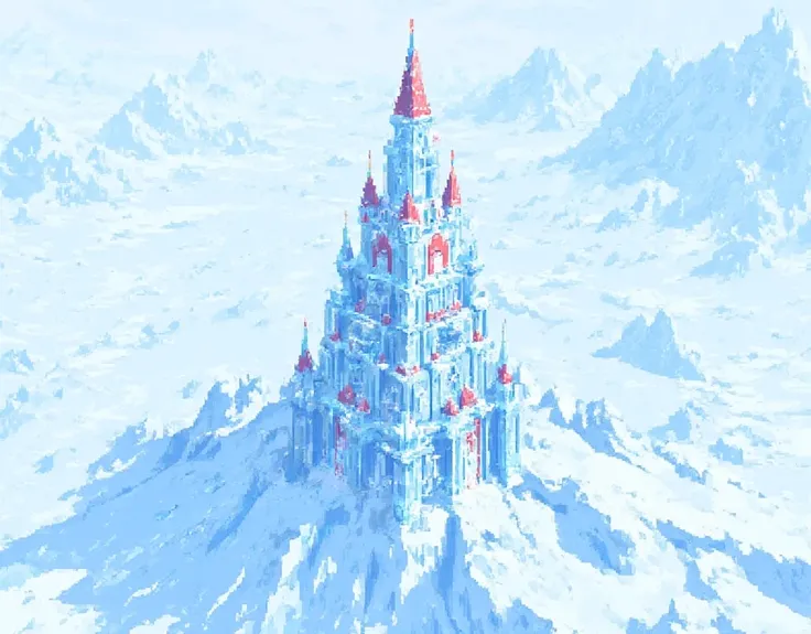 ((( An ice castle in the shape of a cake that rises above a steep cliff in a vast snowfield is depicted in the center))), seen from above , pixel art , Ice Castle Shaped Like a Birthday Cake ,Red Tower , Red Spire 