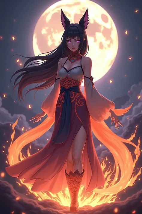 Create a stunning fusion character of Hinata Hyuga and Kurama from Naruto. The character should embody Hinatas elegance and grace, with her signature lavender Byakugan eyes and flowing dark hair, while incorporating Kuramas fiery, fox-like features, such a...