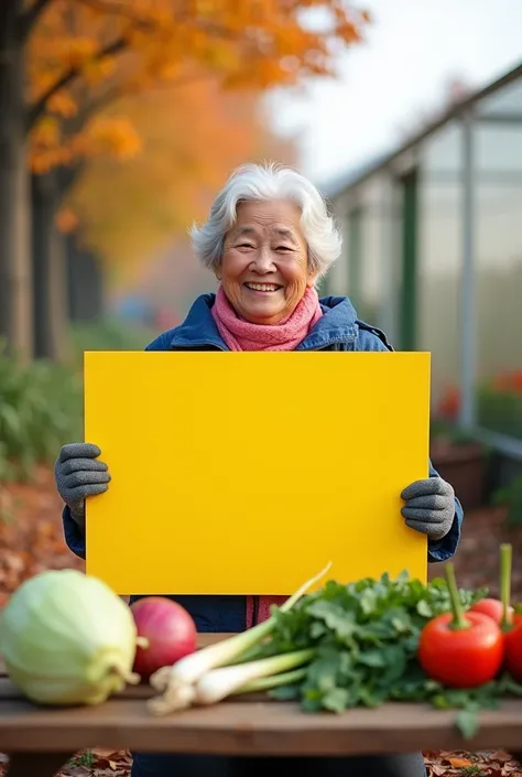 Realistic photography style, bright picture, high definition, high quality, front view, late autumn, cabbage, radish, green onion on the table in the foreground, a 50-year-old Asian slightly plump aunt squatting behind the table, smiling and holding a huge...