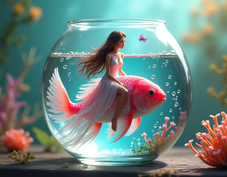 miniature woman with brown hair riding a pink fish in a fishbowl