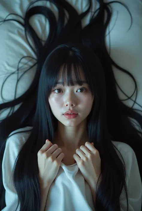  Japanese　 Ultra HD　８ｋ　 fear、Im lying in bed holding my smooth straight hair with both hands。、  looking at the camera 、、Cute、 Japanese women、Selfie　(( Her long hair scattered on the bed .!!!!!))　(( Her hair is straight !!!!!))　(Her hair is jet black!!!)　((...