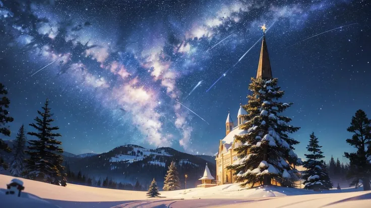  best image quality,  Christmas,  landscape painting, close shot, Shining Star々, Orion, Falling snow, Holy Night,  small shooting stars , 